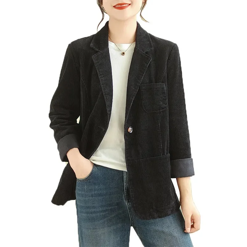 Women's Coat 2024 Spring and Autumn New Loose and Versatile corduroy Cotton Commuting Coat Solid Color Small Suit Solid Color WF