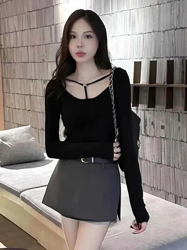 

Black Hollow out Top And Skirt Set Women's Fashion Slimming Autumn Winter Clothes Casual Style High Waist Skirt Breathable Fa...