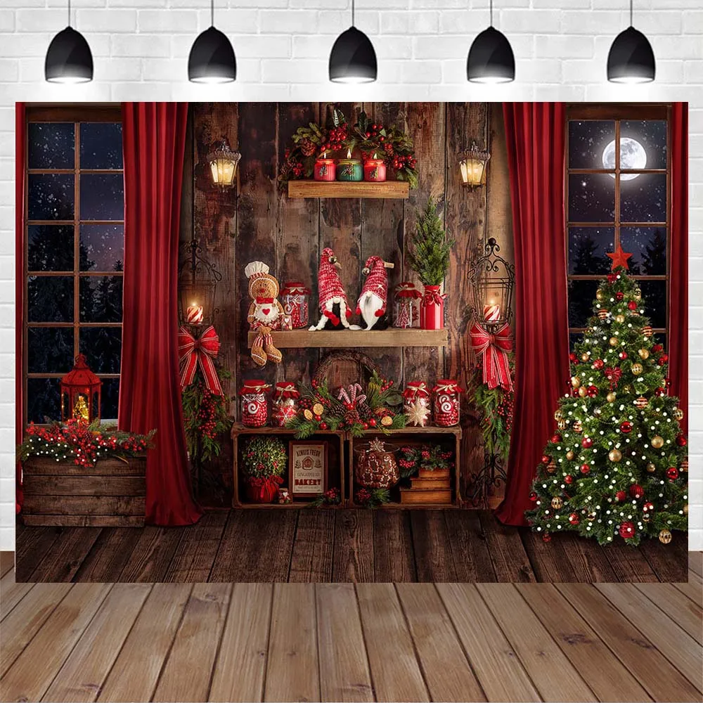 Mocsicka Wooden Wall Floor Christmas Backdrop for Photo Studio Christmas Tree Dolls Window Moon Child Birthday Photo Background