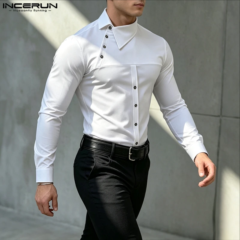 INCERUN Men's Shirt Solid Color Long Sleeve Lapel Casual Men Clothes Streetwear Spring Autumn Shirts Fashion Tops For Man Camisa