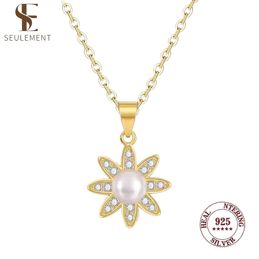 

Ожерелье Seulement из стерлингового серебра 925 пробы с золотым цветком и натуральным жемчугом с цирконом, элегантные сверкающие украшения для женщин