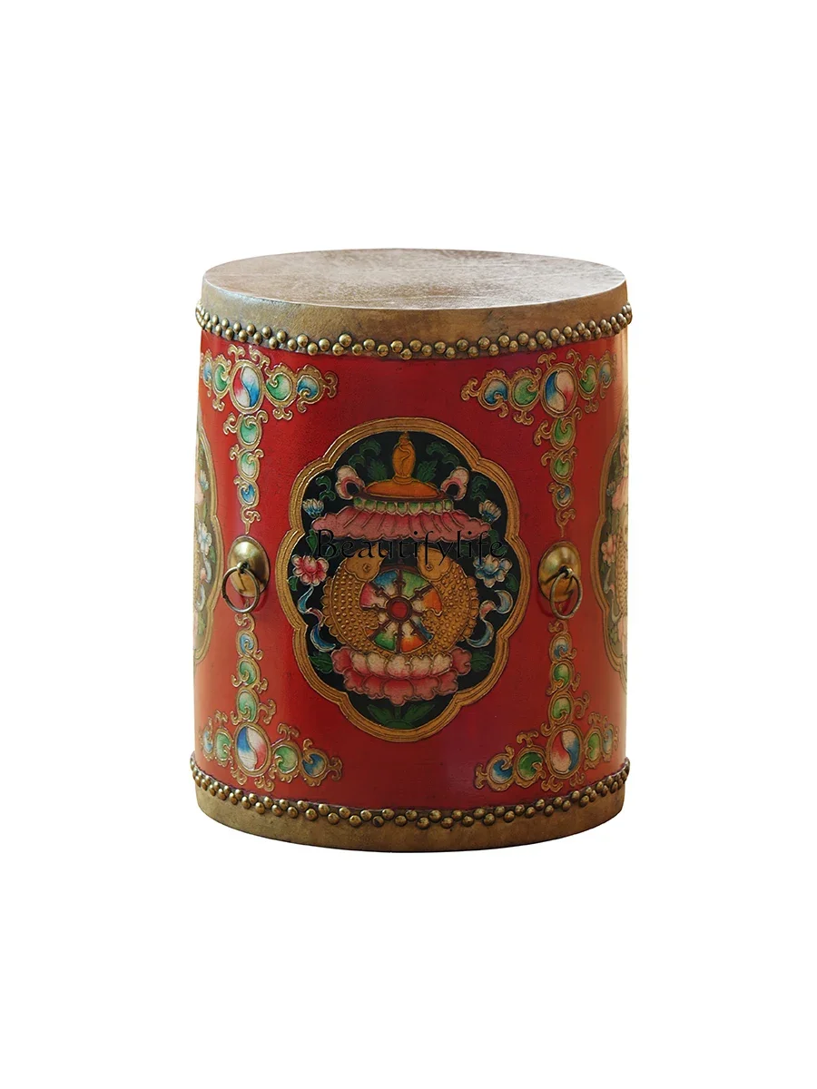 

ls 04 Chinese drum pier solid wood shoe changing stool drum cowhide dining stool