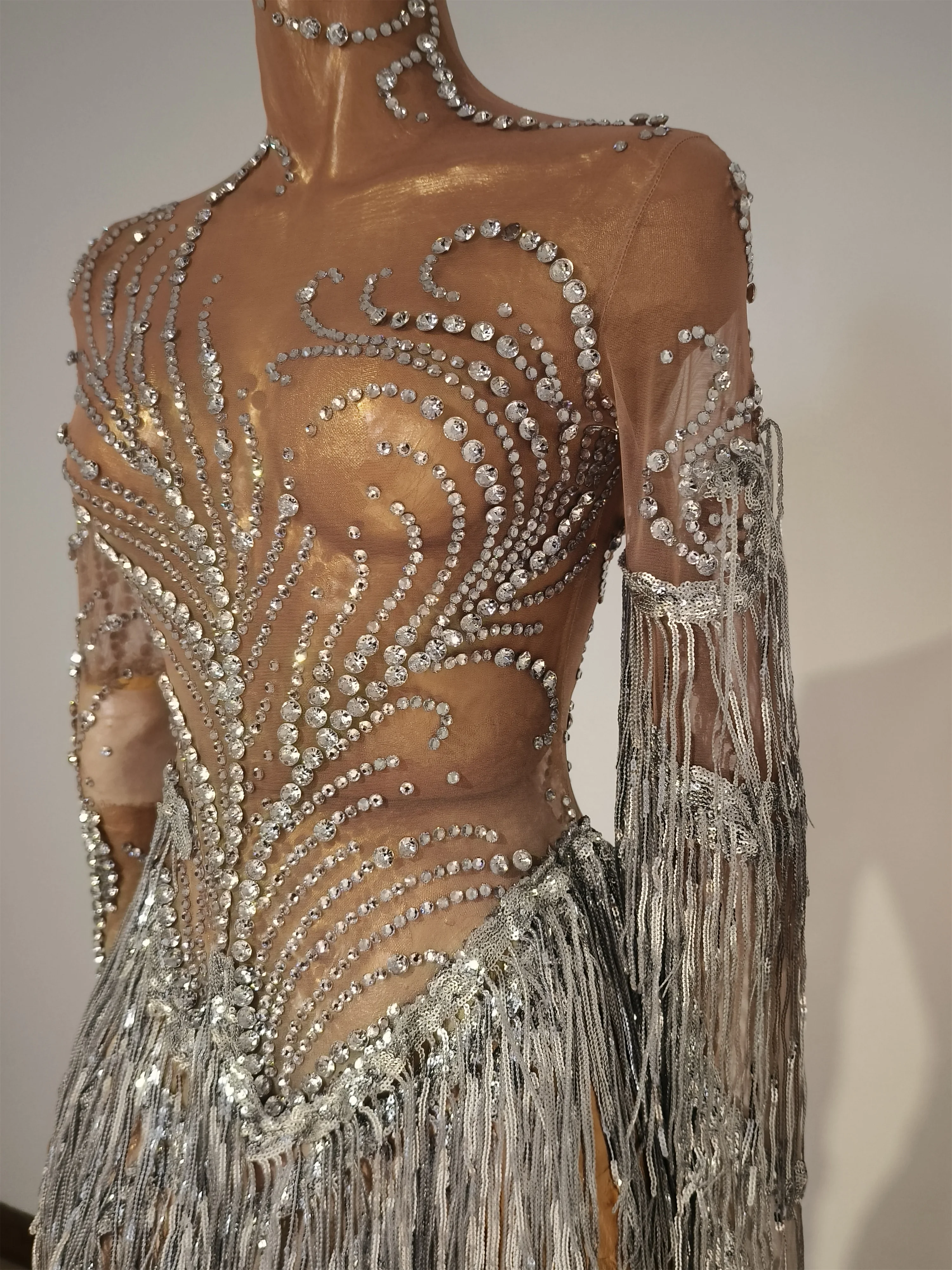 Show Girl Kostüm Luxus Party OutfitSparkly Kristall Perle Frauen Sexy Quaste Bodycon High Split Feiern Prom Outfit Geburtstag D