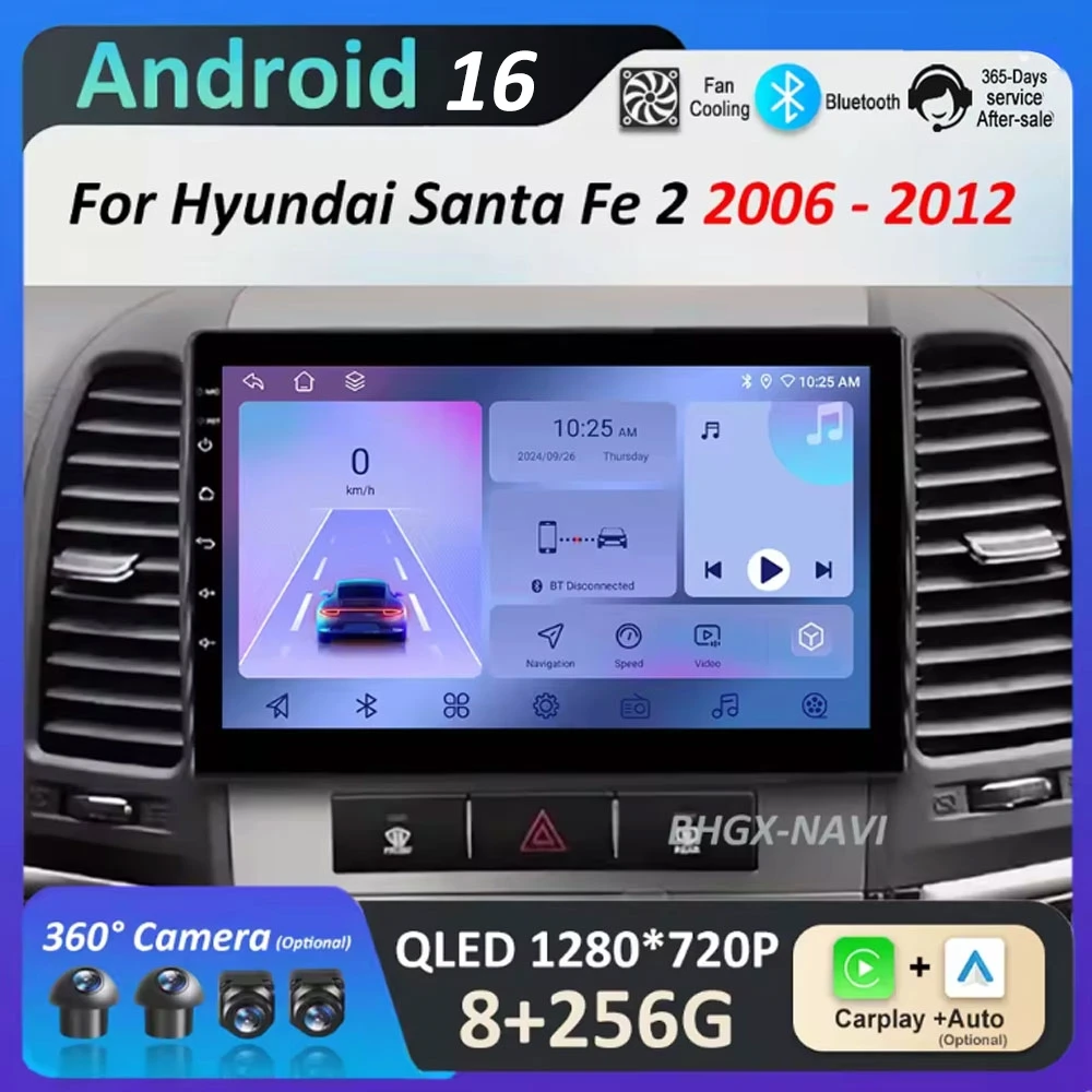 

Android 16 DSP Stereo Car Audio Multimedia Player Head Unit For Hyundai Santa Fe 2 2006 - 2012 IPS QLED Touch Screen Cooling fan