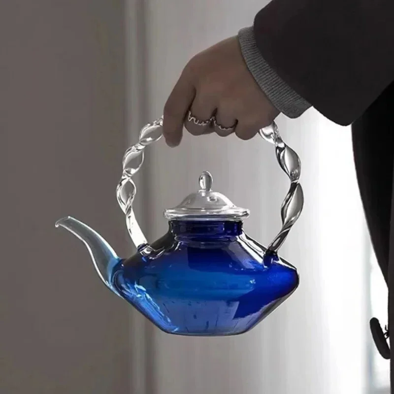 

Blue Glass Teapot Teacup Tea Filter Mesh Glass Coffee Pot Heat-resistant Glass Pot Household Kitchen Kettle Exquisite Gift