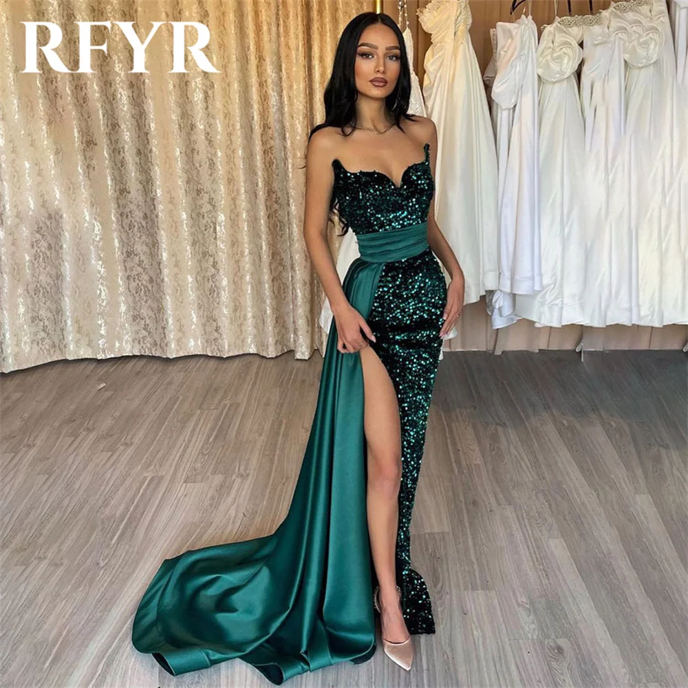 

RFYR Green Elegant Sequins Women Evening Dress Sleeveless Scoop Pleats Split Trumpet Glitter Prom Formal Gowns Dress Customized