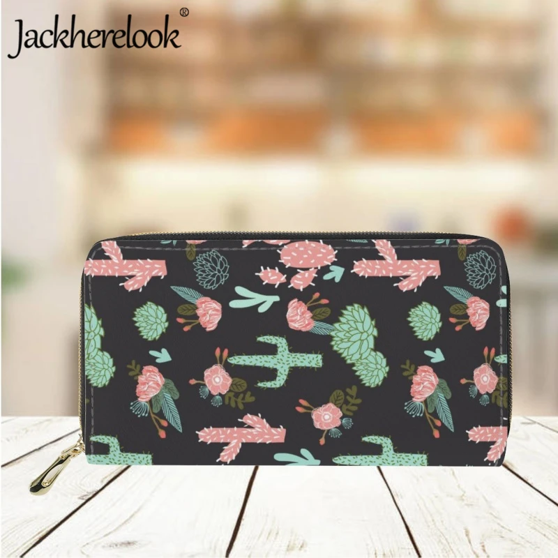 Jackherelook Cactus Pattern Print Women Long Leather Wallet Fashion Casual Travel Bank Card Holder Purse for Ladies Clutch Bag