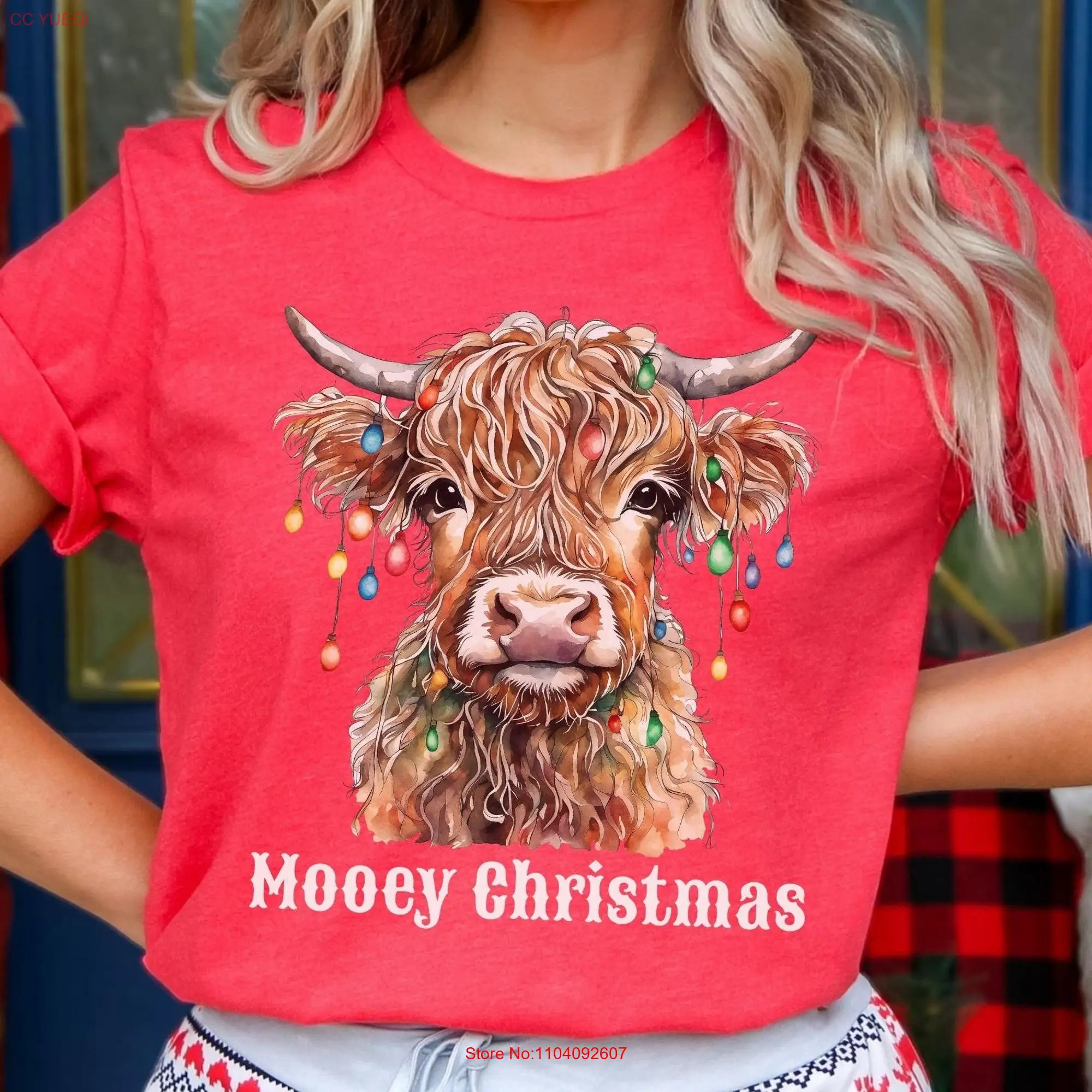 Mooey Christmas Highland Cow T Shirt Cute Festive Animal Top Holiday Farm for Lovers long or short sleeves