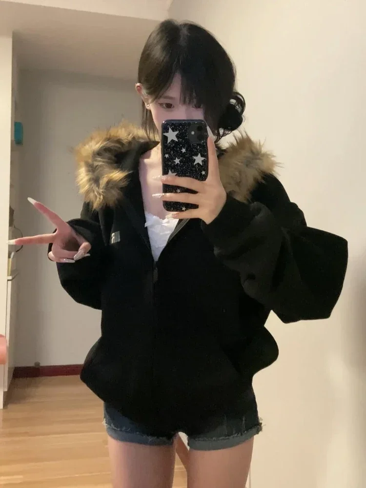 Women Solid Zip Up Hoodies Vintage Korean Preppy Style Faux Fur Coat Oversized Casual Sweatshirt Harajuku Autumn Winter