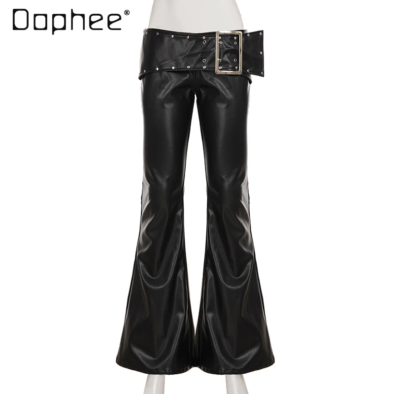 Street Sexy Black Metal Buckle Belt Rivet Leather Pants Women Low Waist Slim Flared Pants Europe and America Long Pants Trendy