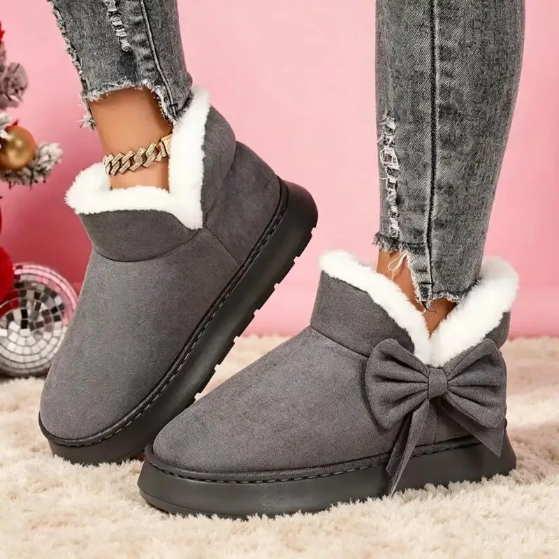 Rosa Schleifenstiefel mit Fleecefutter, Plateau-Schneestiefel für Damen, Winter-Outdoor-Stiefel mit dicker Sohle, Slip-On-Kurzstiefel für Damen, Übergrößen-Plüschstiefeletten – Detail 6