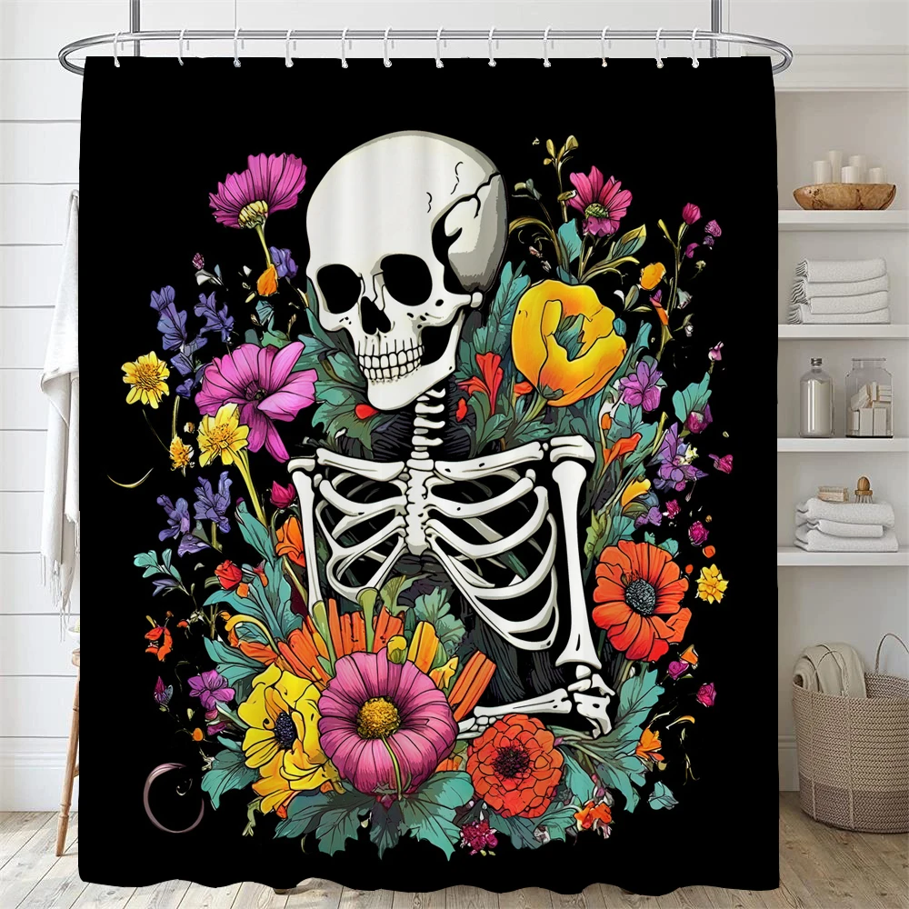 

Funny Skeleton Man Shower Curtain, Flowers Skull Bathtub Shower Curtains Printed Polyester Fabric Bathroom Home Decor Curtains