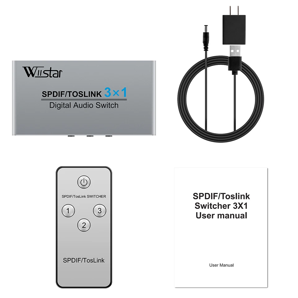 Wiistar 3 Port Optical Switcher with 3 way Spdif Toslink Optical Digital Audio Splitter 3 In 1 Out With IR Remote Control