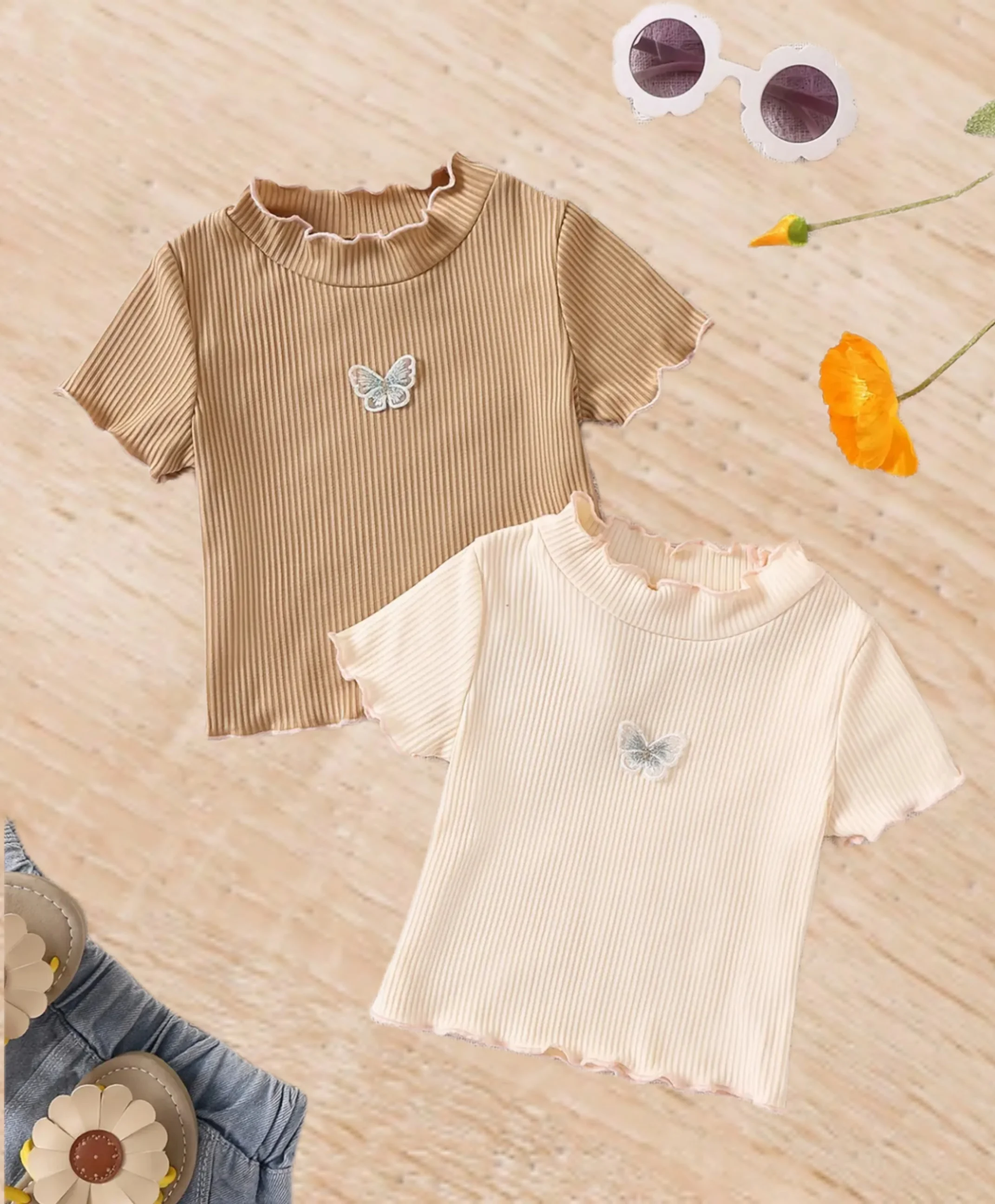 Cute summer short sleeve T-shirt pit strip breathable comfortable skin friendly lace collar butterfly print fashion loose girl