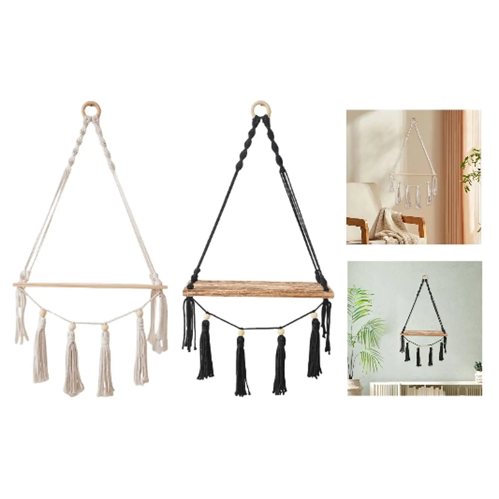 Mensola sospesa a parete in macramè, espositore in legno, mensola sospesa rustica Boho, decorazione da parete per soggiorno camera da letto
