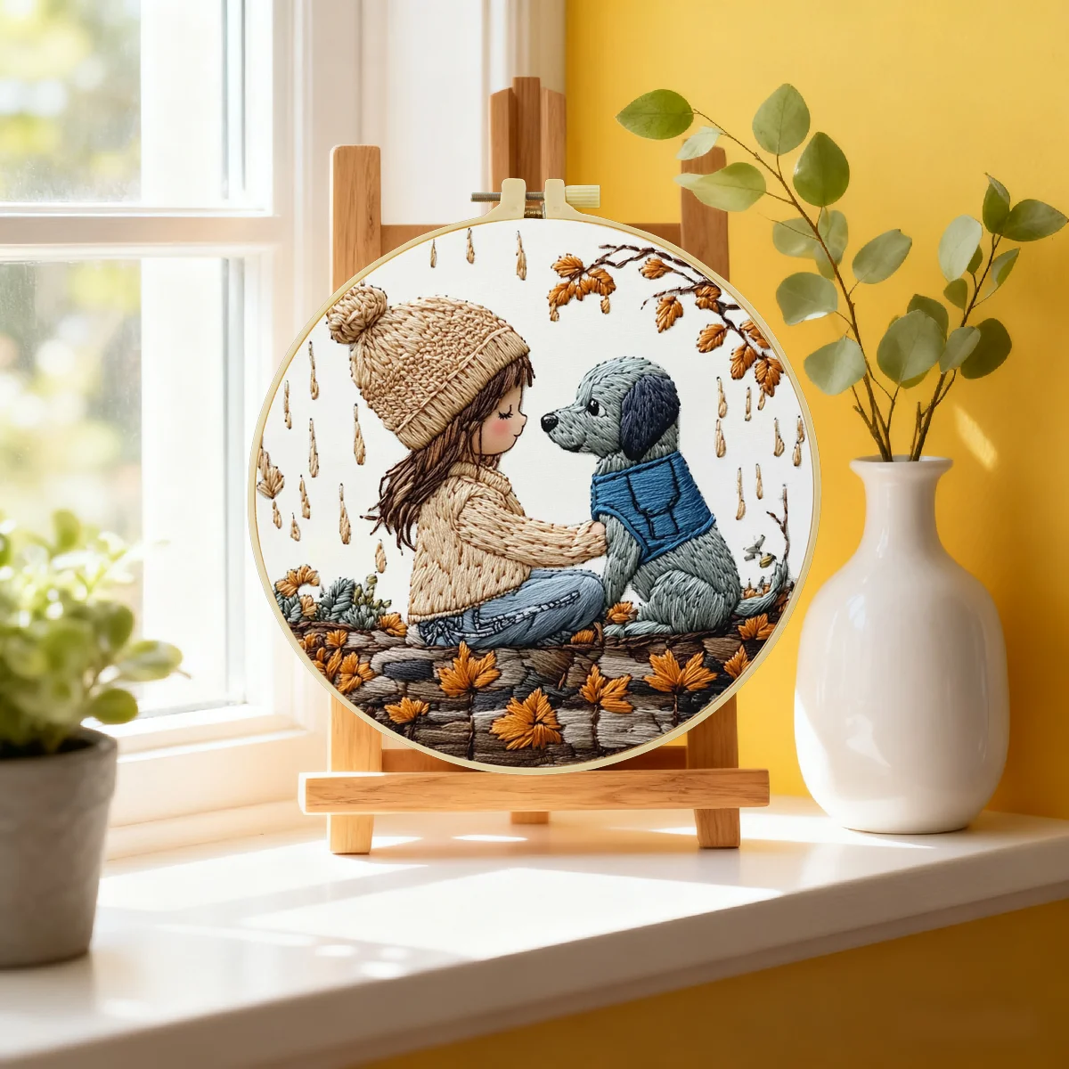 1 Stück 20X20CM/15X15CM 7,87/6,3 Zoll Stickerei-Starter-Kit „Ein Mädchen und ein Hund“ DIY-Kit DIY-Stickerei-Kit Handarbeiten Nadelkunst – Detail 2