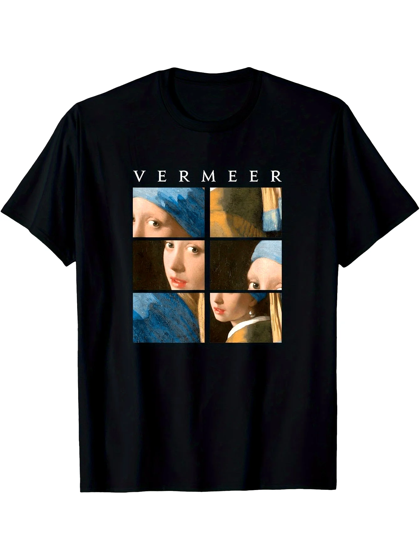 Herren-T-Shirt mit John-Vermeer-Motiv „Mädchen mit Perlenohrring“, geometrischer Viertelkreisdruck, lässiges Shirt, geeignet für Kunstliebhaber. – Detail 2