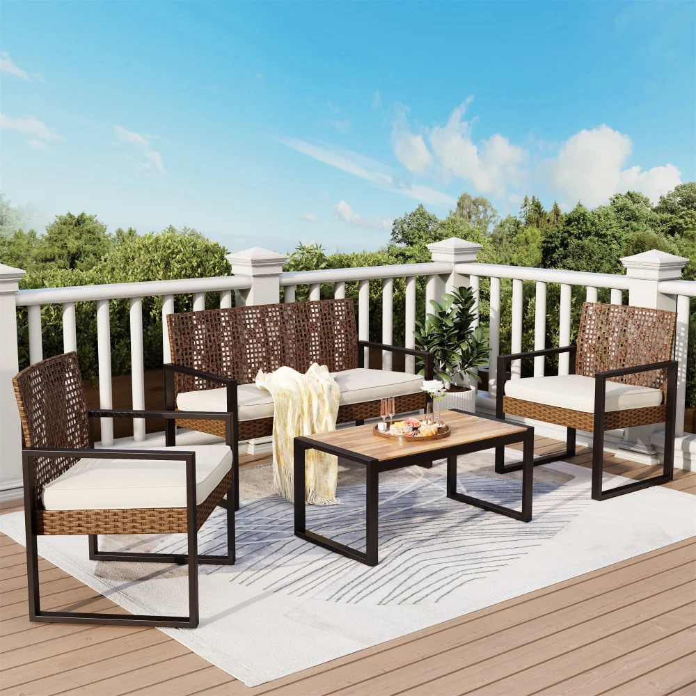 

4-Piece All-Weather Rattan Patio Furniture Set, Outdoor Conversation Set with Wood Table, Brown and Beige