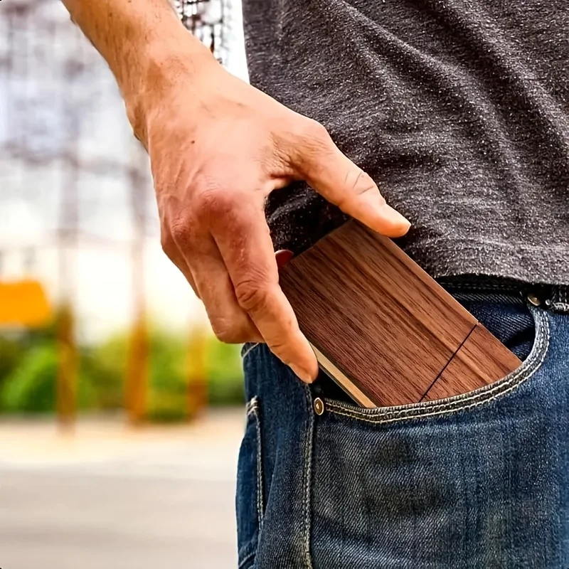 1 قطعة المحمولة الجوز الأسود حامل بطاقة الأعمال الرجال خشب متين صندوق بطاقات الأعمال المغناطيسي التبديل صندوق خشبي