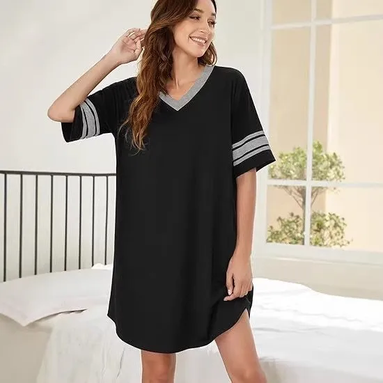 Casual V Neck Dress Loose Fit Streetwear Short Sleeve Midi Length a Line Pullover Wear for Dating Wear to Camping for Women