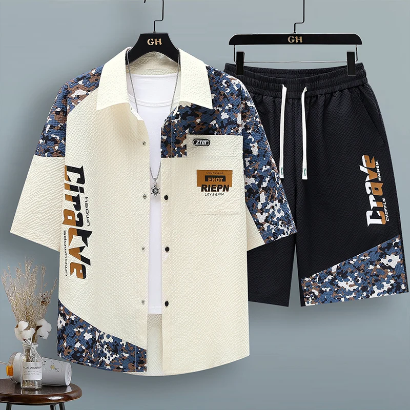 Conjunto de 2 piezas de ropa deportiva para hombre, camiseta informal con estampado de retales, pantalones cortos, para correr, verano, 2024