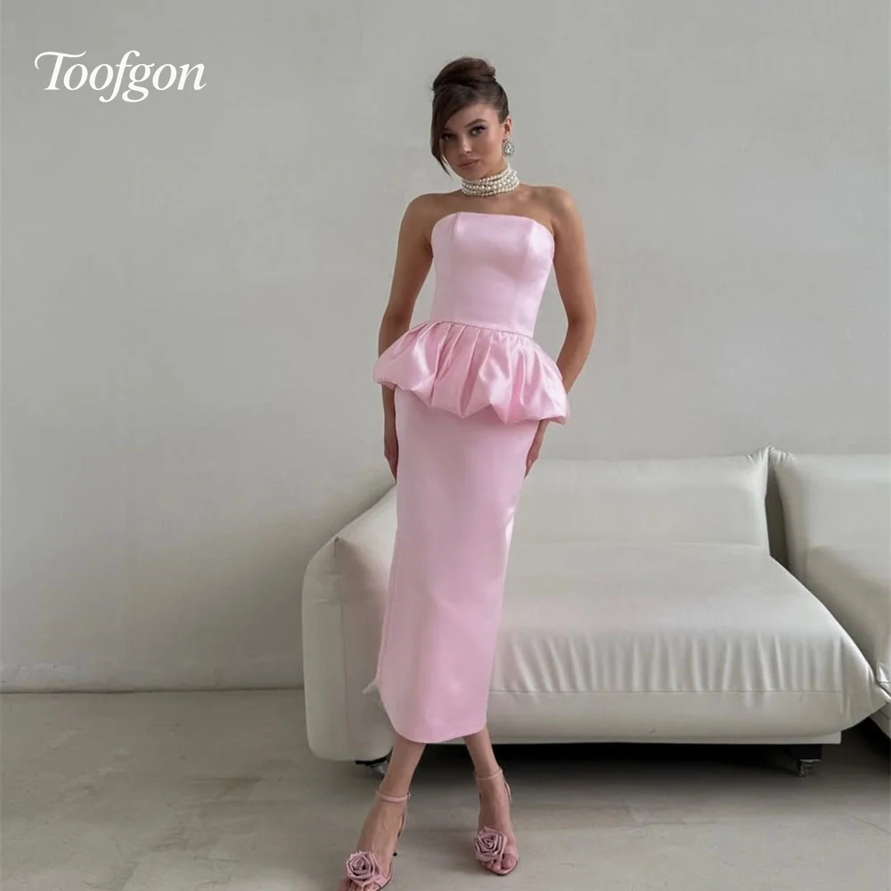 

Toofan розовые атласные платья для выпускного вечера чайной длины по индивидуальному заказу без бретелек вечернее платье для девочек танцевальный наряд вечерние платья