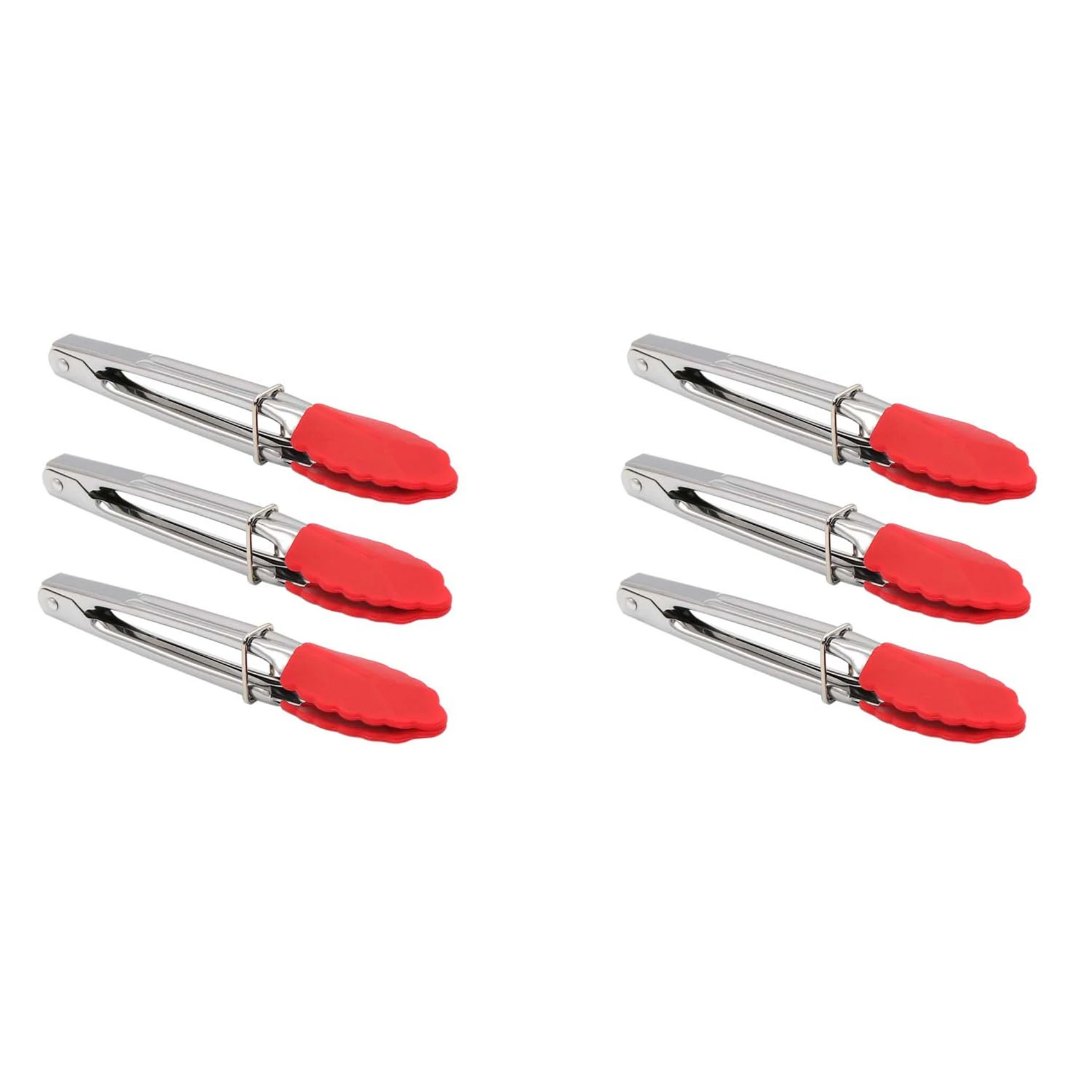 SEWS-Small Tongs With Silicone Tips 7 Inch Kitchen Tongs – Set Of 6 - Perfect For Serving Food, Cooking, Salad, Grilling Red