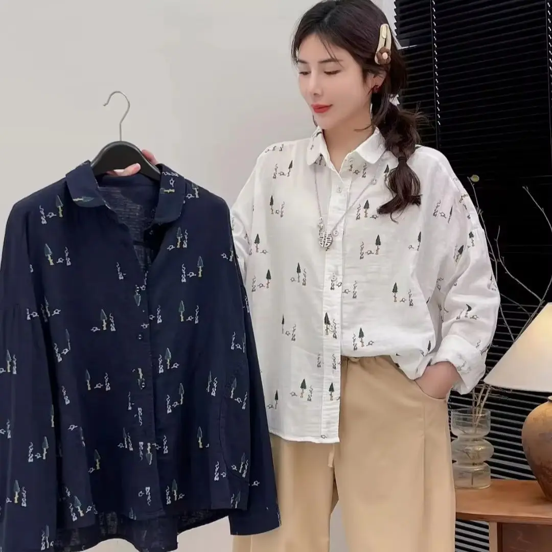 

Double layers 100% cotton yarn tree printed blouse woman new collection 2024 Japan style loose white blouse long sleeve tops