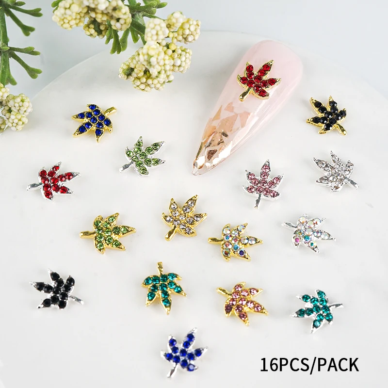 16pcs Vintage Series Maple Leaf Nail art Alloy Shiny Rhinestone Crystal Glass Golden Leaf Nail Accessories