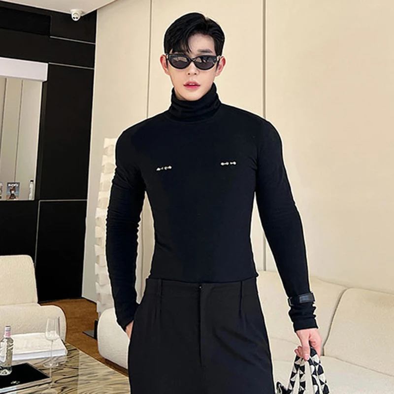 IEFB Slim Male Long Sleeve T-shirts Autumn New Versatile Detachable Breastpin Fashion Niche Design Korean Underlay Tops 9C1590