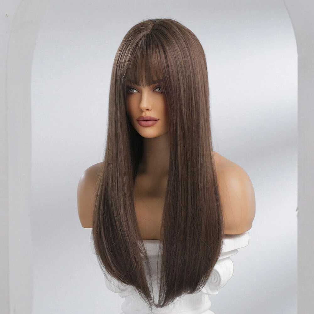 24 Inch Dark Brown Long Natural Straight Hair Bangs WomenDaily Use Wigs