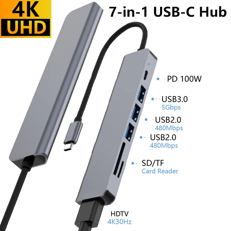 

Концентратор USB C 7-в-1 с 4K HDTV, зарядкой PD 3.0, устройством чтения данных и карт памяти USB 3.0 5 Гбит/с для всех ноутбуков и планшетов