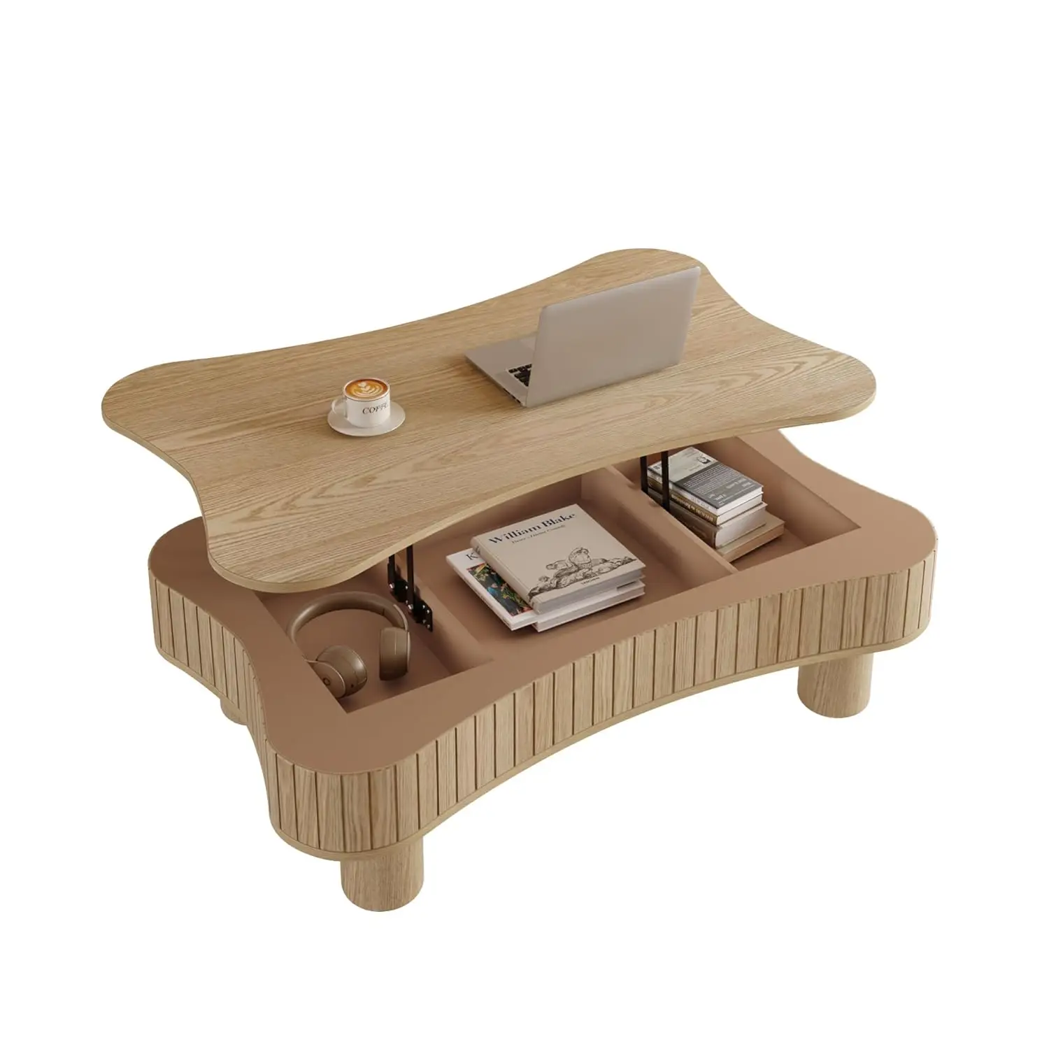 طاولة قهوة على شكل سحابة مقاس 42 بوصة مع مساحة تخزين مخفية ومفتوحة، طاولة مركزية حديثة مع آلية رفع هيدروليكية، غير منتظمة