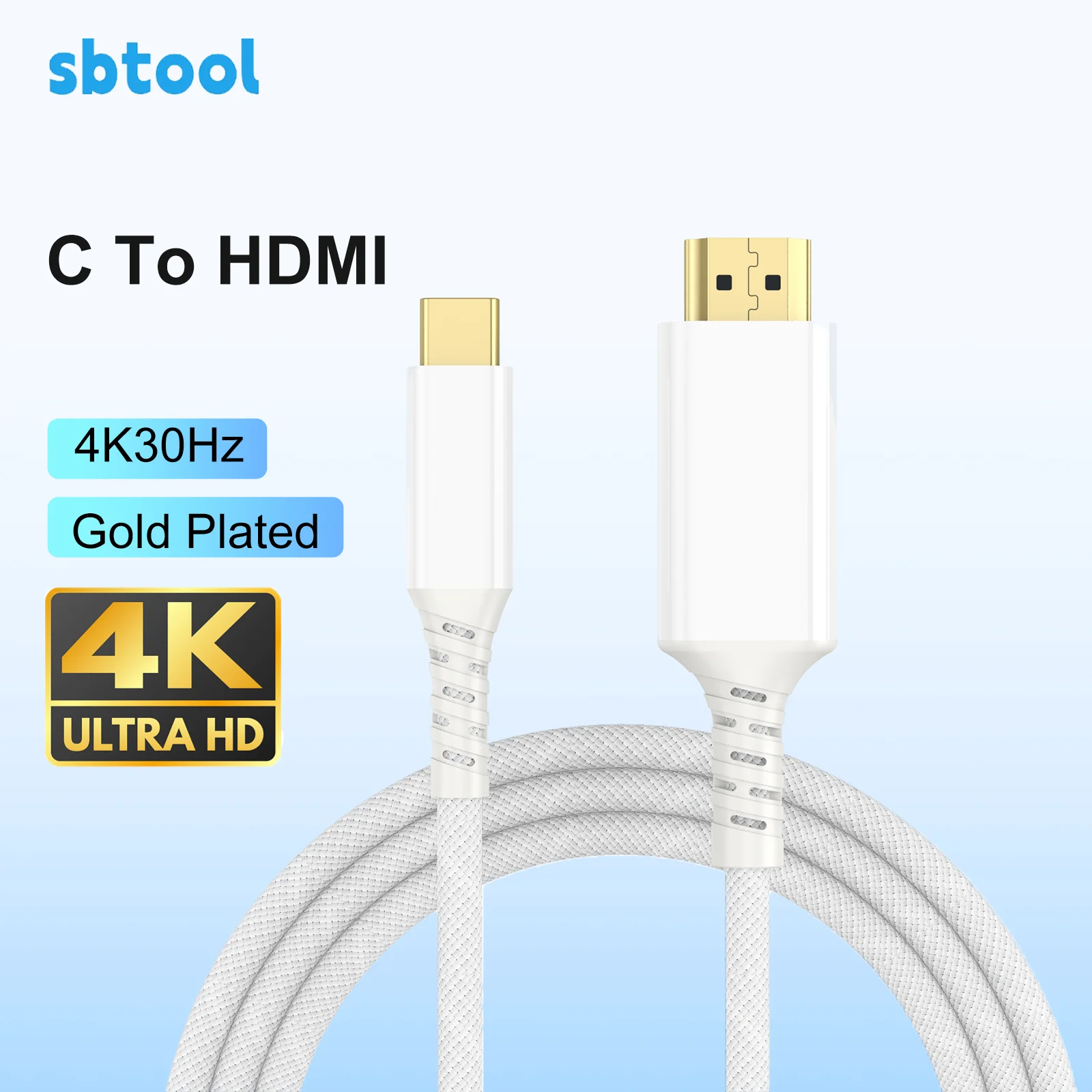 

White USB C to HDMI 2 Meter Cable 4K30Hz Aluminum Shell Nylon Braided Thunderbolt Type C to HDMI Cable