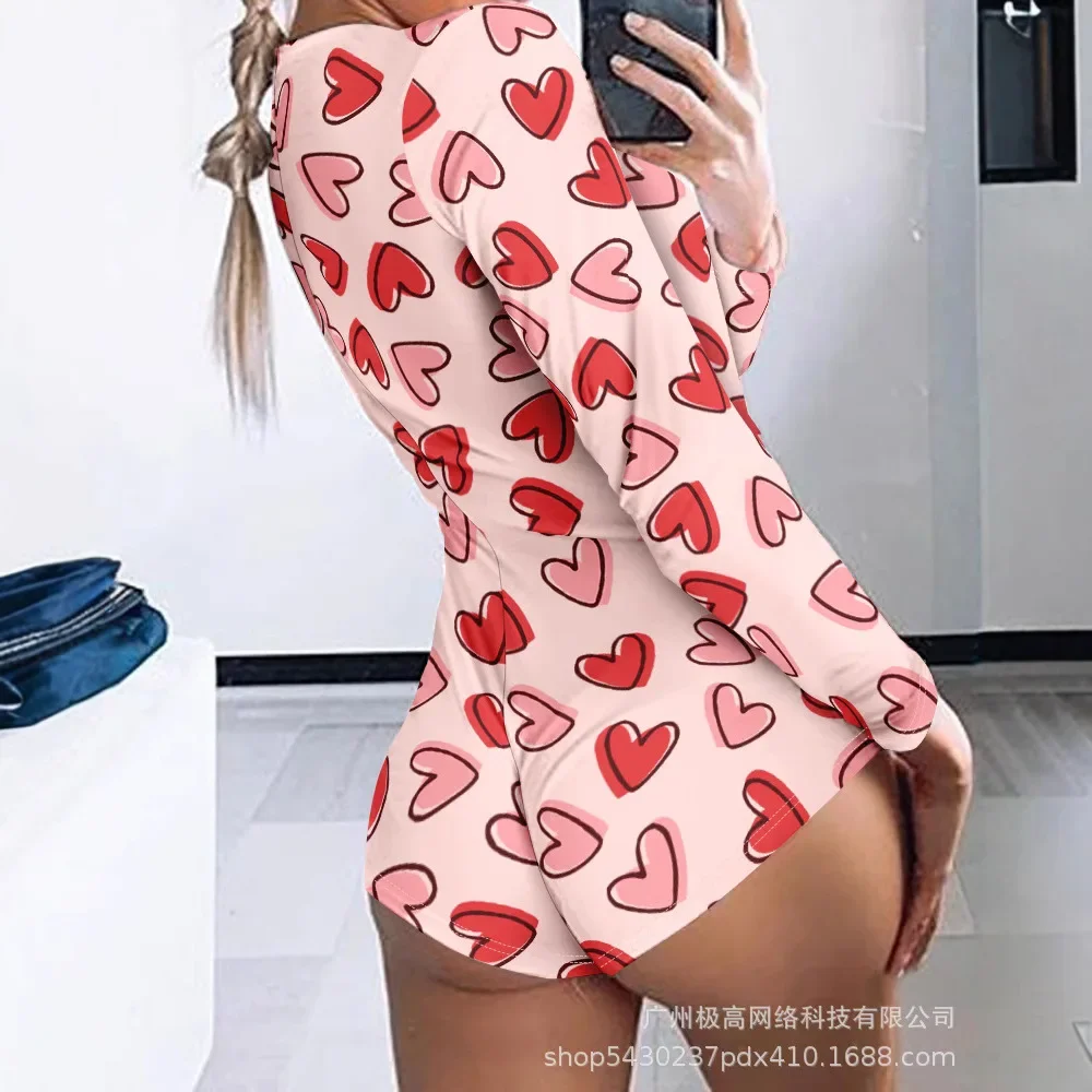 Valentine's Day Heart Pattern Button Front Long Sleeve Rompers Onesie Women Spring Summer Pajamas