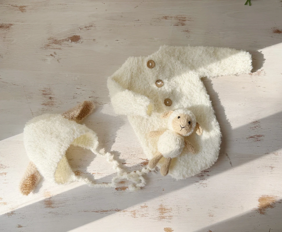 Newborn Photography Props Cute Handmade Knitted Lamp Sheep Outfit Set Clothing with Hat Doll 3pcs Set for Baby Photoshoot Prop