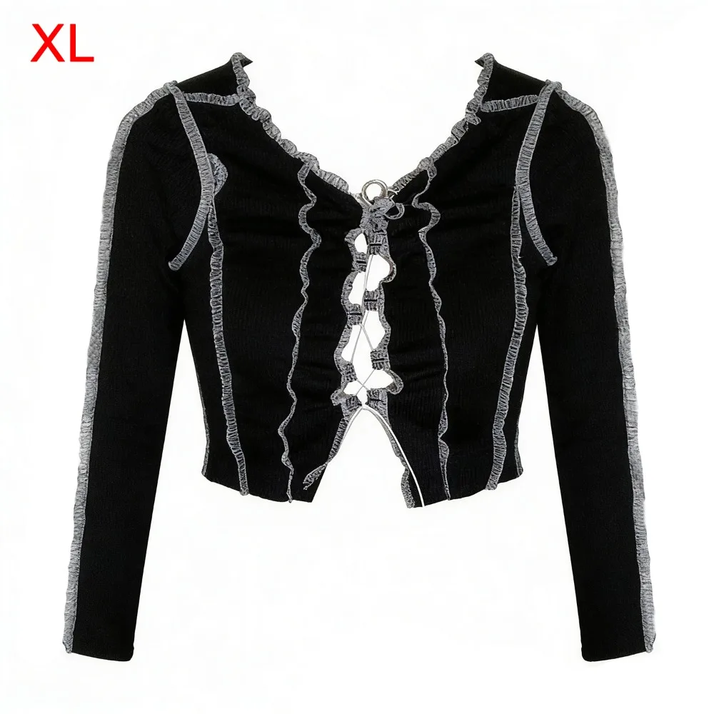 

Black Color Bow Tied Shirt Front Bow Sexy Design Crop Tops Ruffle Detail Hollow Design Blouses Clothing Hip-hop Style