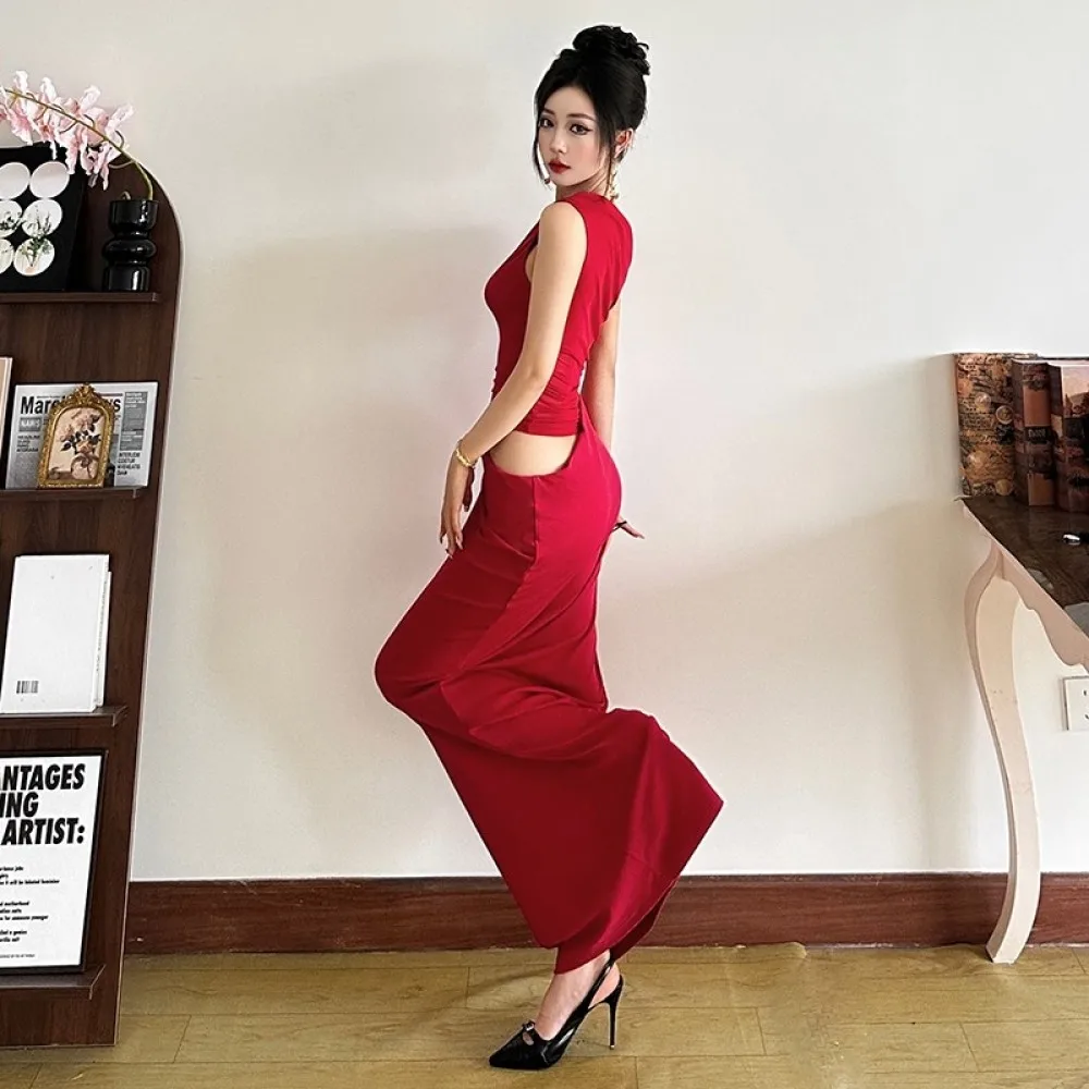 SylCue Sexy See Through Maxi Dress Women Irregular Skew Collar Hollow Solid Skinny Midnight Fashion Prom Party Elegant Vestidos