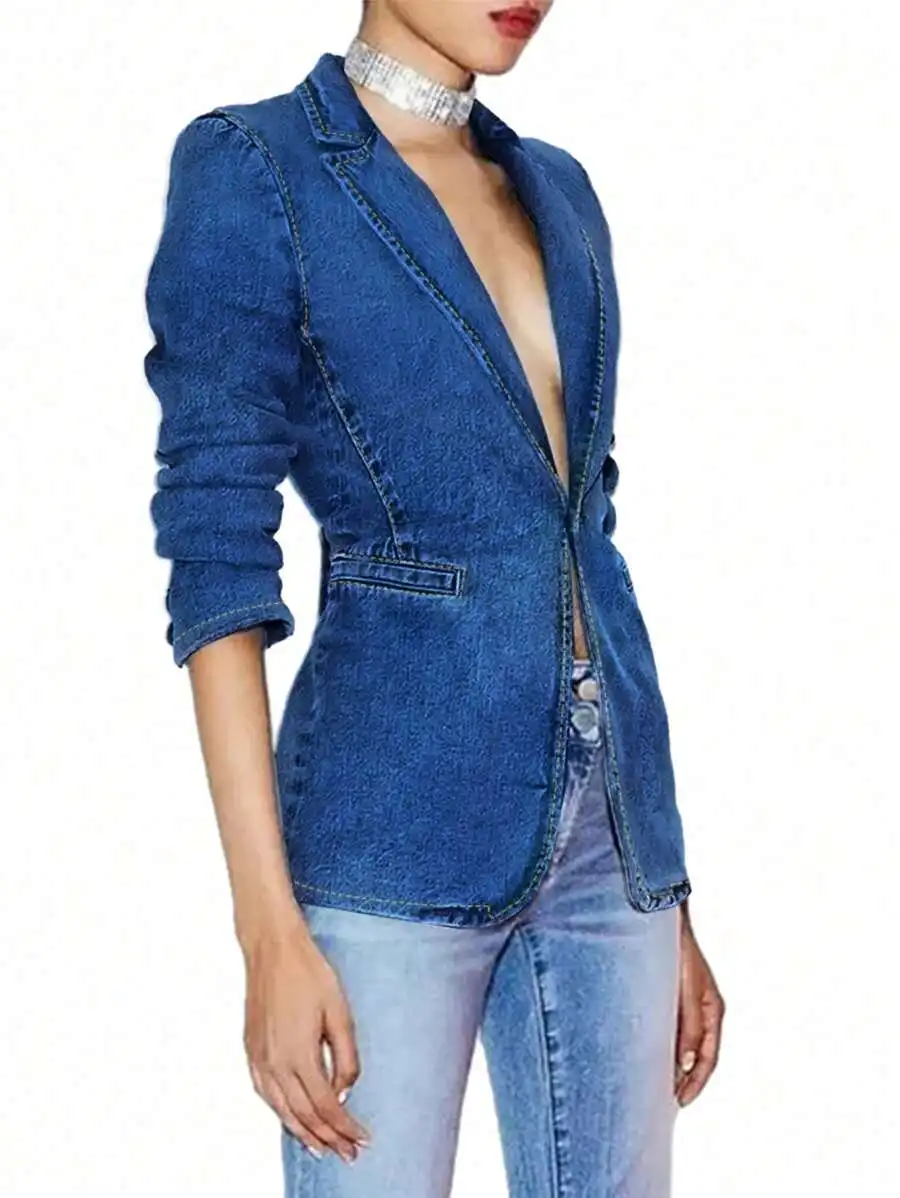 

Women's Classic Denim Blazer Jacket - Solid Blue, Long Sleeve, Regular Fit, Woven Fabric