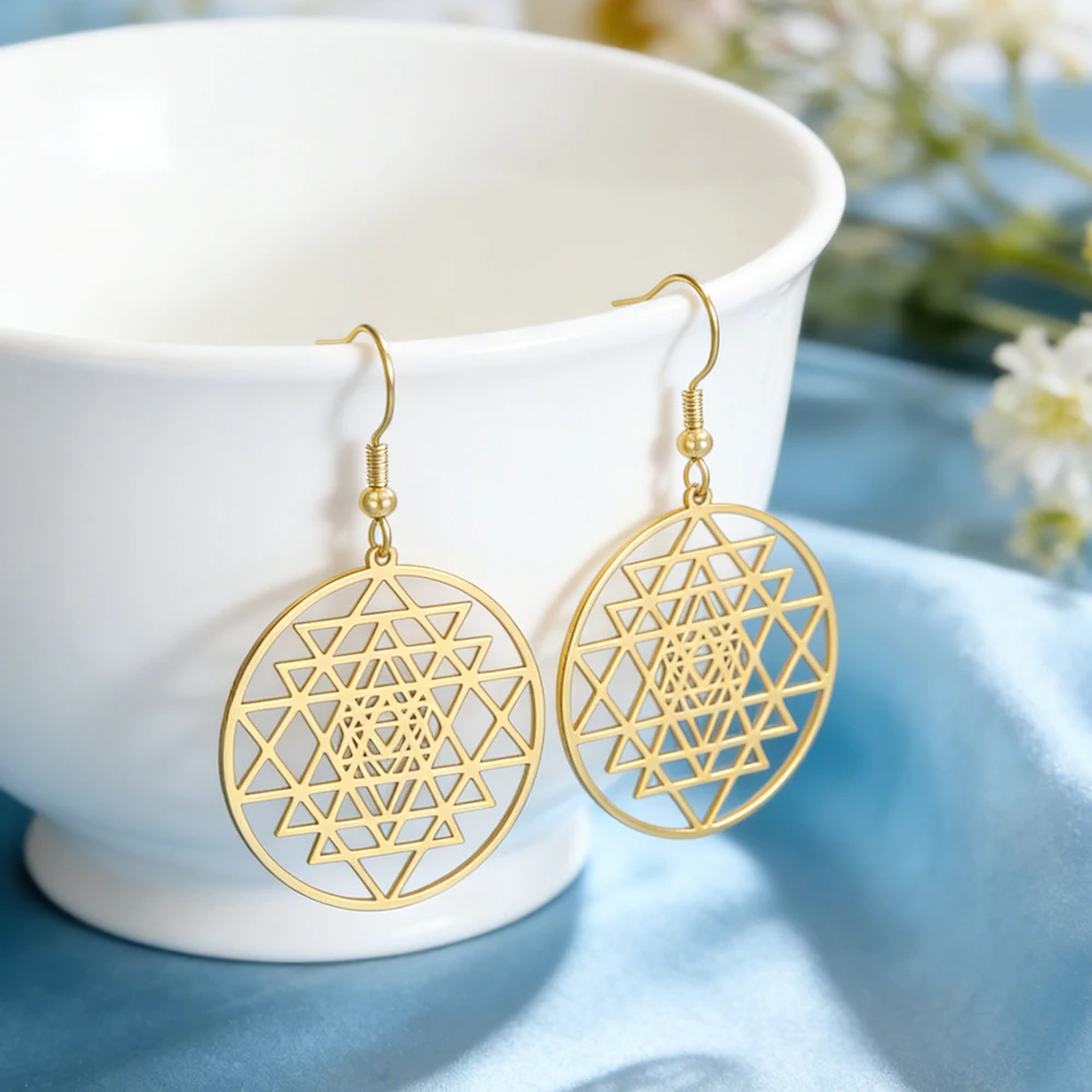 Dawapara Sri Yantra Mandala Dangle Earrings Sacred Geometry Chakra Spiritual Boho Jewelry Stainless Steel Earrings