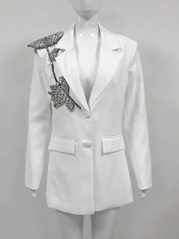 High End Fashion White Blazer for Women Elegant Long Sleeve Crystal Embroidery Formal Occassion Celebrity Evening Party Tops