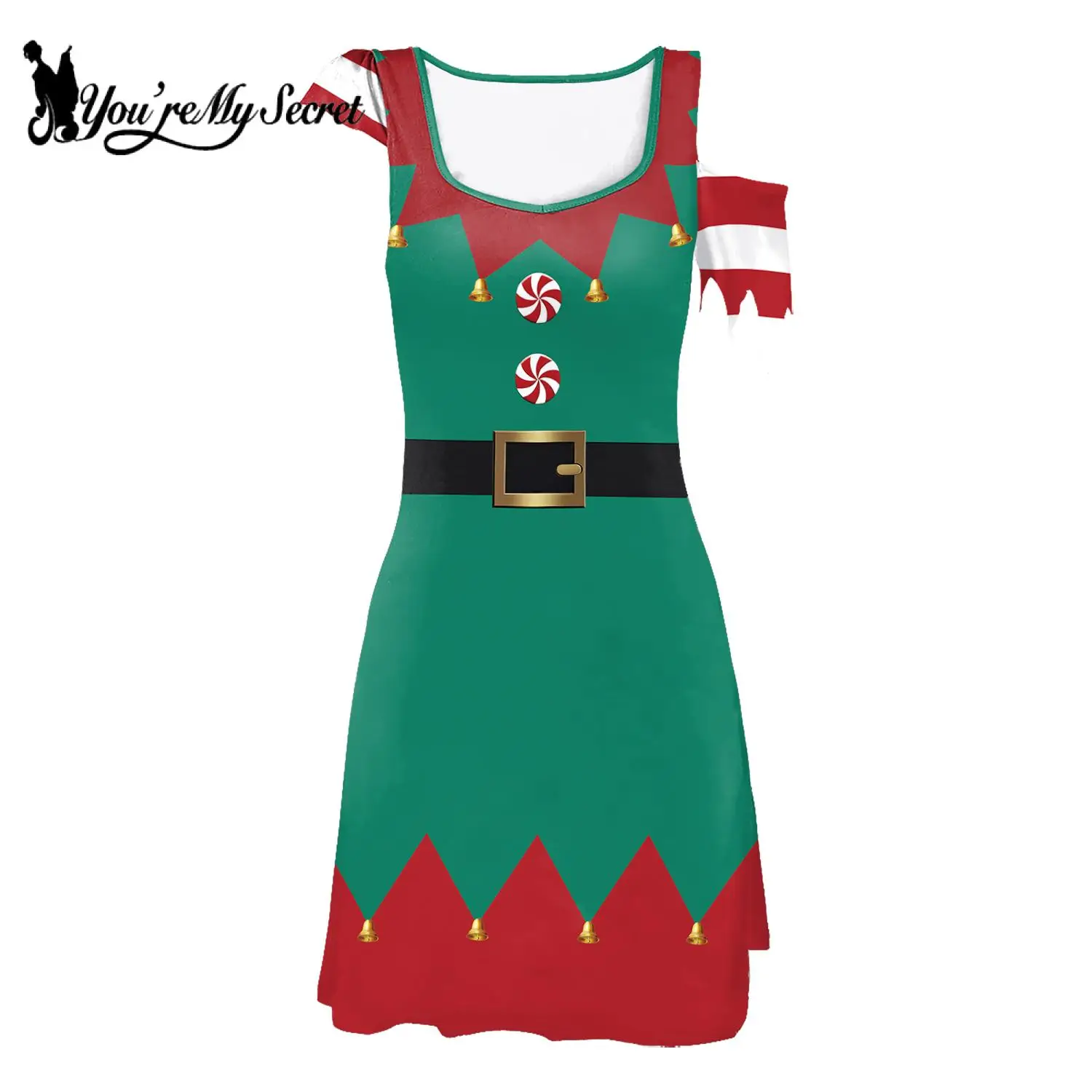 

[You're My Secret] Dress for Women Green Elf Cosplay Costume Funny Christmas Print Party Sleeveless Asymmetrical Girls Dresses