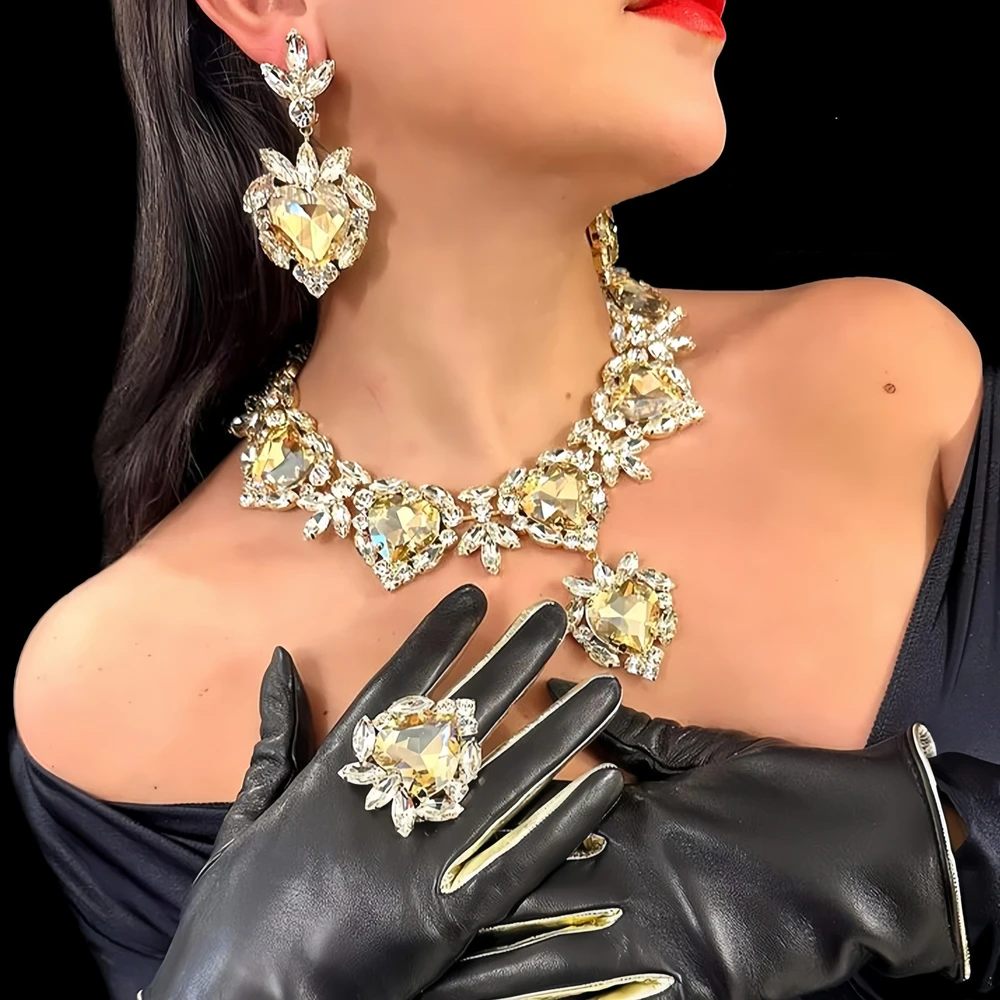 

Stonefans Bling Heart Necklace Earrings Set Rings Statement Accessories Gorgeous Pageant Rhinestone Jewelry Set Drag Queen Gift