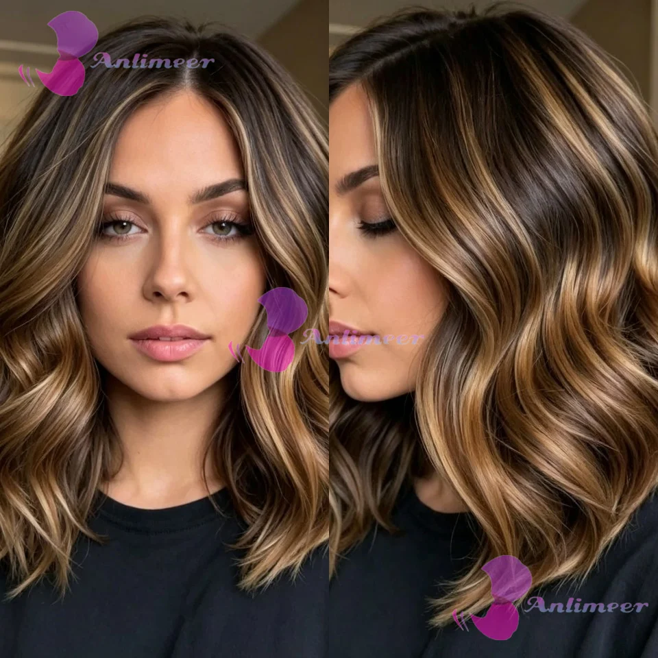 Perruque Lace Frontale 13x4/360 avec mèches blondes et brunes, coupe courte bob, avec closure en soie 5x5, densité 180%, cheveux humains ondulés