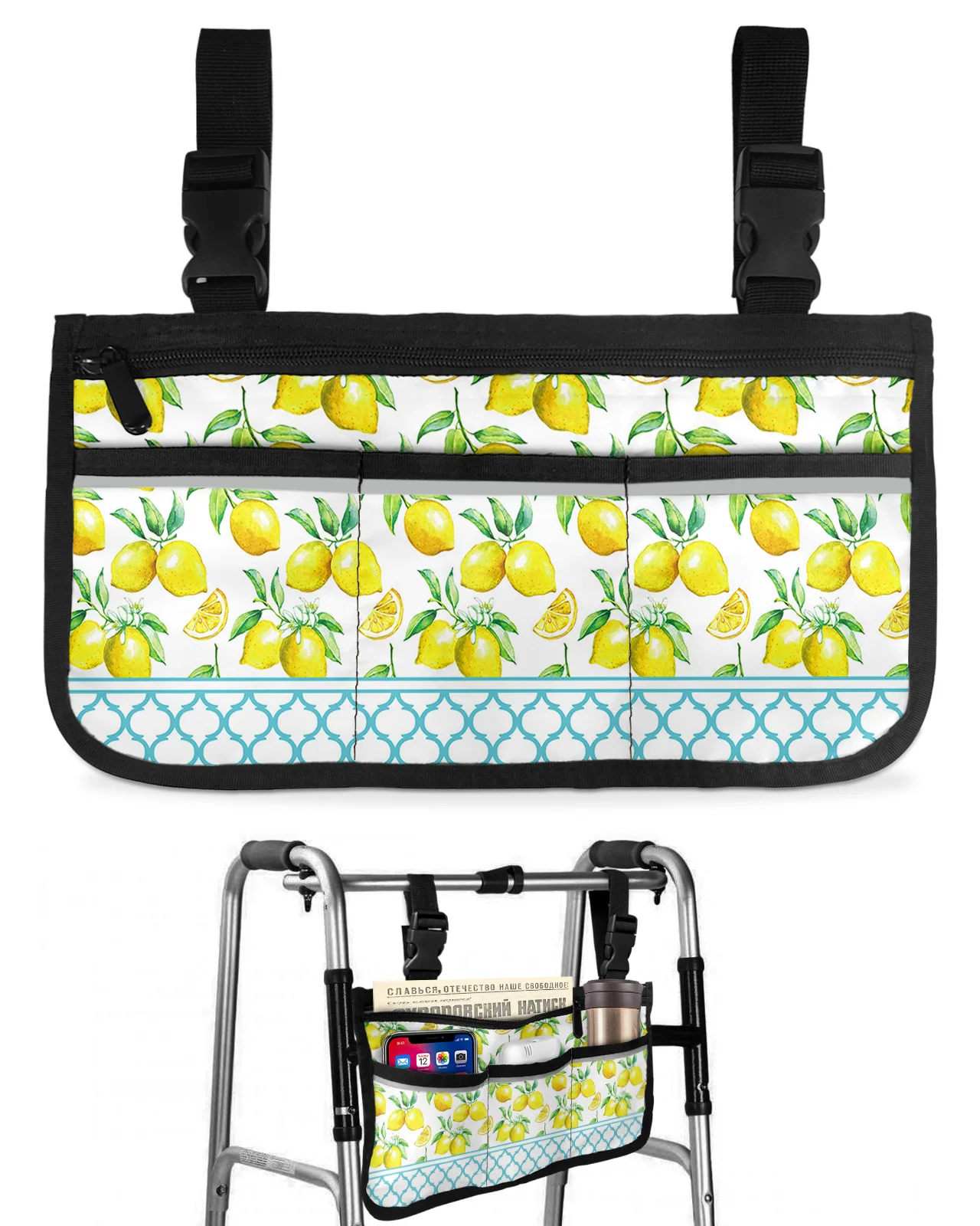 Summer Lemon Blue Moroccan Pattern Wheelchair Bag With Pockets Armrest Side Bags Electric Scooter Walking Frame Storage Pouch