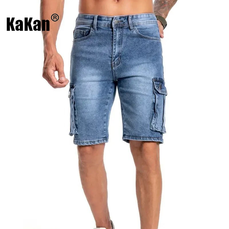 Kakan-y2k Nuevos pantalones vaqueros cortos de verano para hombres, pantalones vaqueros microelásticos con múltiples bolsillos, pantalones vaqueros casuales de 5 direcciones para hombres