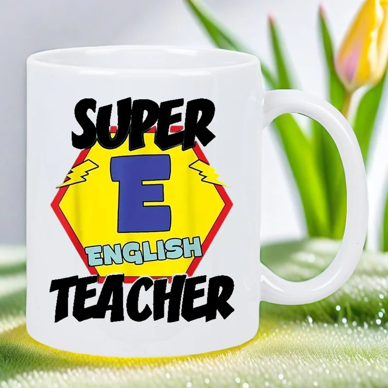 Super E English Teacher Appreciation Gift - Vibrant Comic-Style Ceramic Mug with Lightning Bolts & Hexagon Design, Hand Wash Onl
