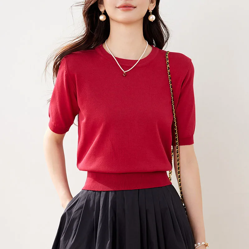 

Sweaters Knitted Sweater Women Pullovers Short Sleeve Knit Sweater Pullover Women Tops New Summer O-Neck Black Knitwears Q4903