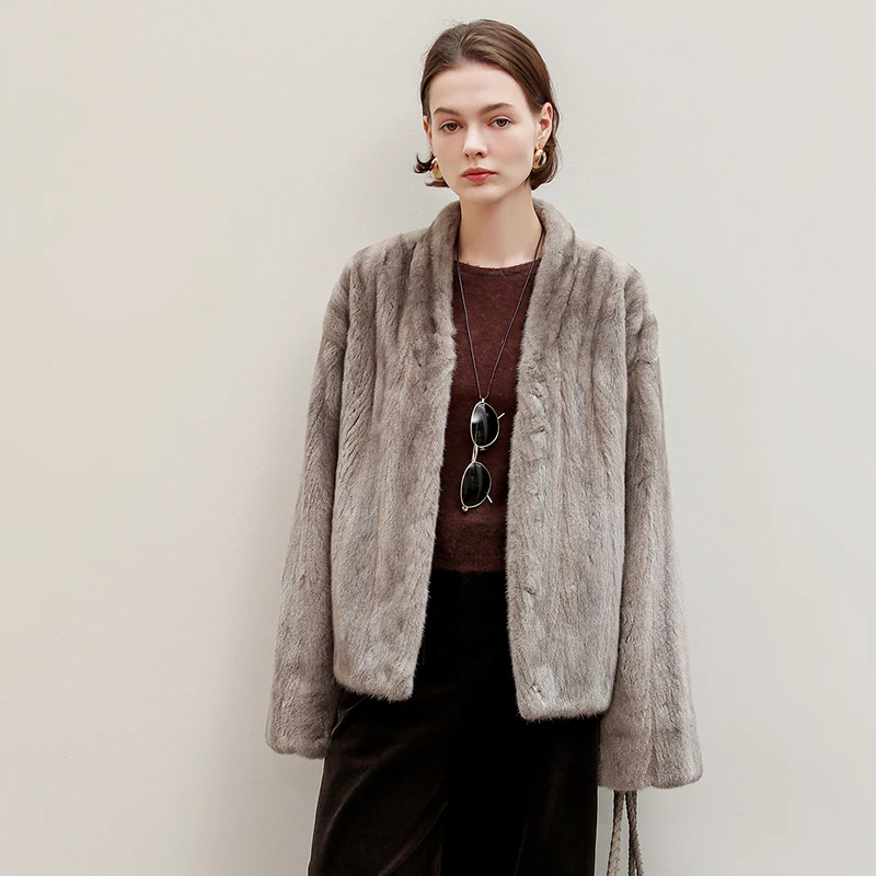 Ftangaiur 冬物輸入ベルベットミンクファーコート Vネック折り返し袖ミンクコート レディース新作ショート丈天然本物ミンクファーコート