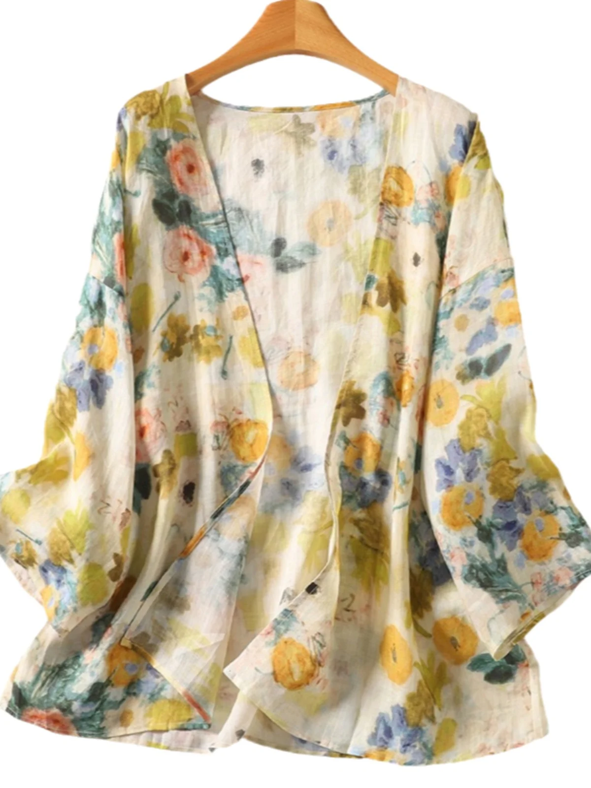 Damska luźna lniana koszula na lato, lekka, oddychająca, z nadrukiem, w stylu vintage, do pracy, długa, z rękawami...